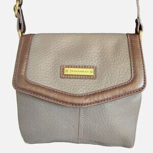 Tignanello Multi Compartment Small Crossbody Bag-Grey Leather/Brown Trim